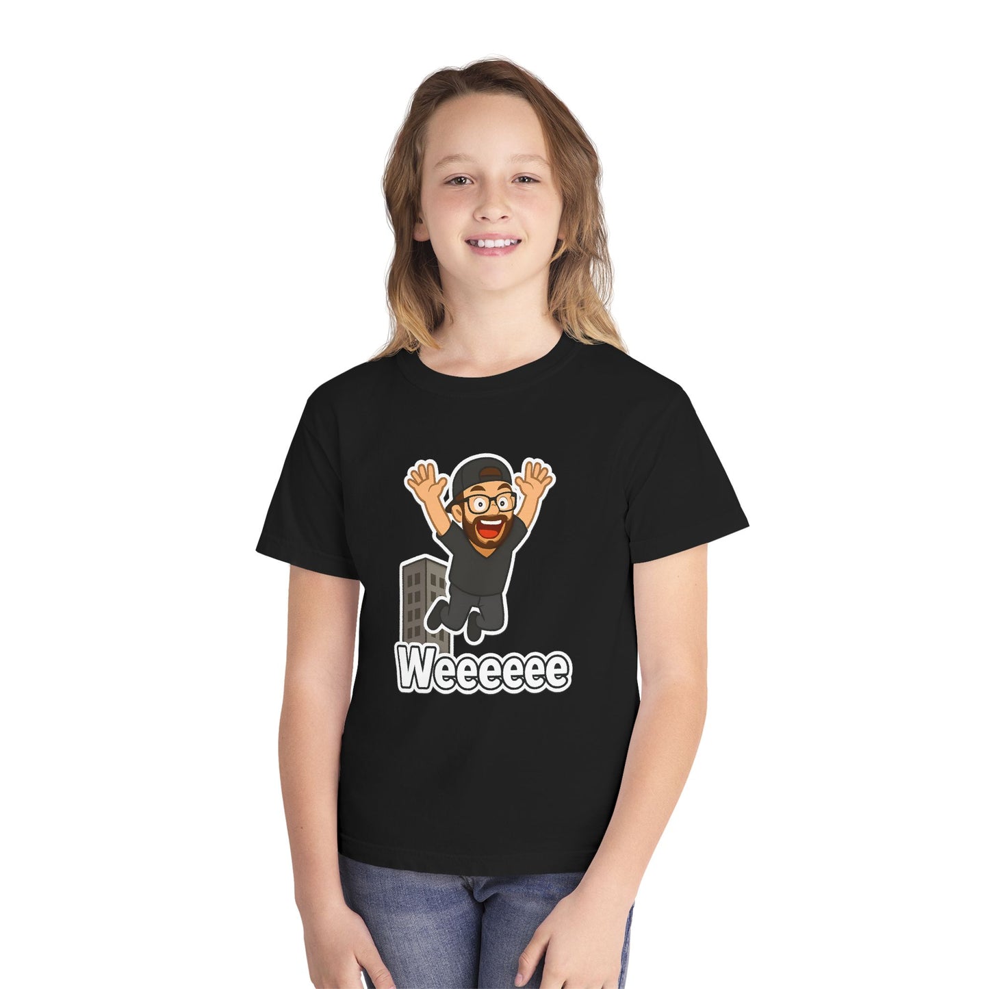 Youth Tee — Cartoon Kid Jumping 'Weeeeee' Funny Graphic Shirt